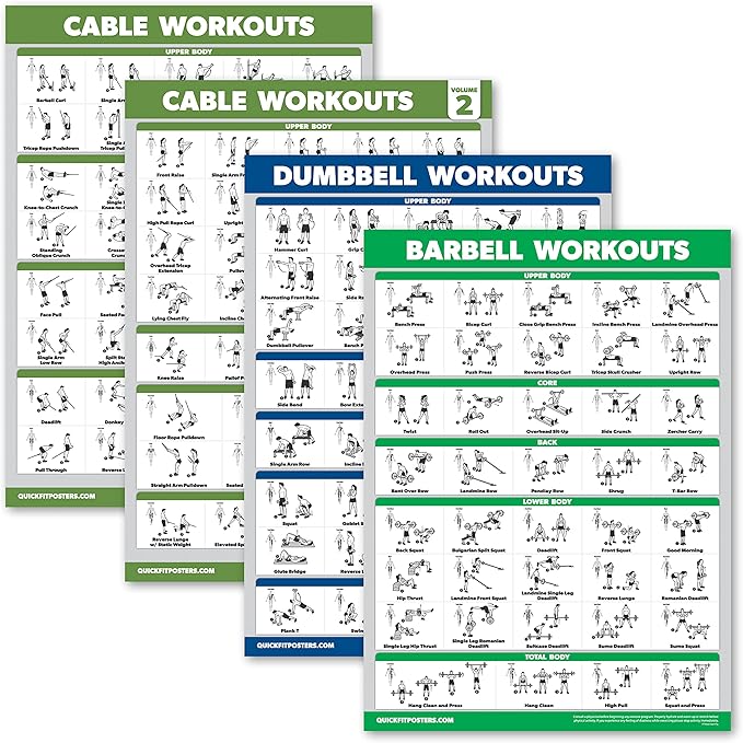 4 Pack - Cable Machine Workout Posters Volume 1 & 2 + Dumbbell Exercises + Barbell Exercises (LAMINATED, 18" x 24")