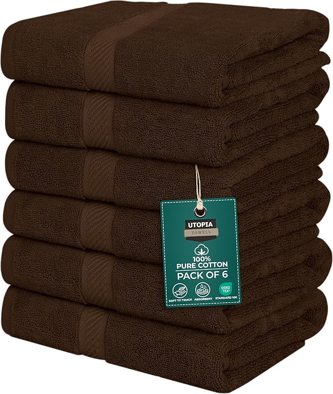 Utopia Towels 6 Pack Medium Bath Towel Set, 24 by 48 Inches, 500 GSM 100% Ring Spun Cotton, Lightweight and Highly Absorbent Quick Drying Premium Towels for Hotel, Spa and Bathroom, Dark Brown