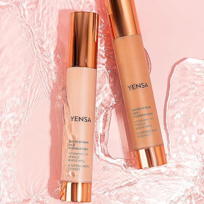YENSA Serum Foundation Makeup - Super Silk Full Coverage Foundation Enriched with Peptides, Vitamin C & Ferulic Acid to Help Reduce Fine Lines, Wrinkles & Dark Circles - Tan 2 (1 oz)