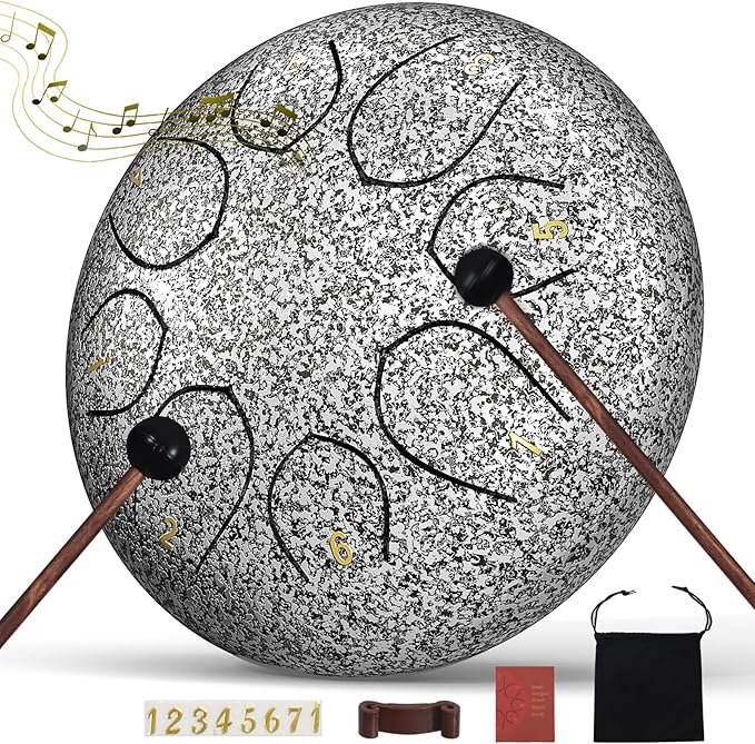 Rain Drum for Outside Garden, 6 Inches 8 Notes Steel Tongue Chakra Drums, Waterproof Meditation Rain Chime, Musical Instruments for Adult Gift with Bag, Music Book, Drum Mallets (Star Sliver)