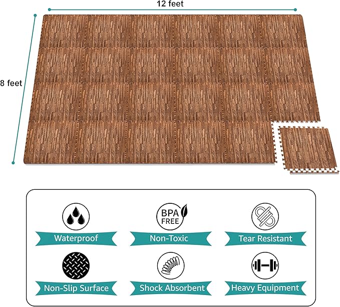 Sorbus Wood Grain Floor Tiles Foam Mat EVA Interlocking Mats Tile 3/8-Inch Thick Flooring Wood Puzzle Exercise Mats w/Borders - Home Playroom Basement, Apartment, Trade Show, Baby, Dance