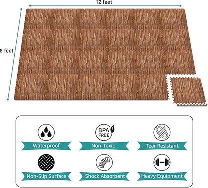 Sorbus Wood Grain Floor Tiles Foam Mat EVA Interlocking Mats Tile 3/8-Inch Thick Flooring Wood Puzzle Exercise Mats w/Borders - Home Playroom Basement, Apartment, Trade Show, Baby, Dance