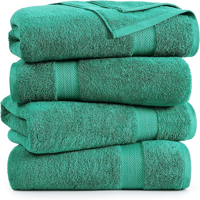 LANE LINEN 100% Cotton Bath Towels Pack of 4 (28"x54") - Ring Spun Mercerized Cotton Bathroom Towel Set - Quick Dry, Soft & Absorbent Large Bath Towels - Holds Well After Multiple Washes - Emerald