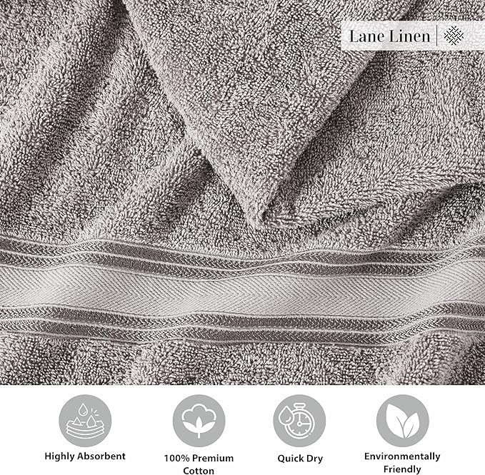 LANE LINEN Luxury Bath Towels Set - 6 Piece 100% Cotton Bathroom Quick Dry Shower Extra Aborbent Towel Super Soft 2 Hand Wash Cloths Space Grey