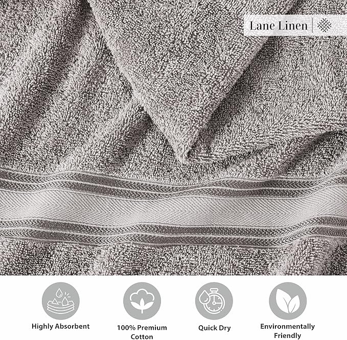 LANE LINEN 100% Cotton 18 Piece Bath Towel Set - Zero Twist, Quick Dry, Super Soft & Highly Absorbent - 6 Bath, 6 Washcloths, 6 Hand Towels for Bathroom - Hotel Quality Bathroom Towel Set - Grey