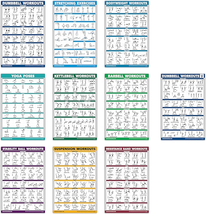 QuickFit 10 Pack - Exercise Workout Poster Set - Dumbbell Volume 1 & 2, Suspension, Kettlebell, Resistance Bands, Stretching, Bodyweight, Barbell, Yoga Poses, Exercise Ball (Laminated, 18" x 24")