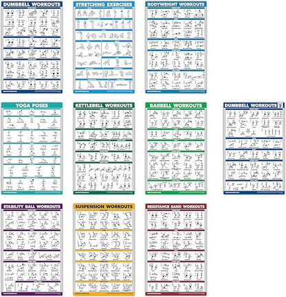 QuickFit 10 Pack - Exercise Workout Poster Set - Dumbbell Volume 1 & 2, Suspension, Kettlebell, Resistance Bands, Stretching, Bodyweight, Barbell, Yoga Poses, Exercise Ball (Laminated, 18" x 24")