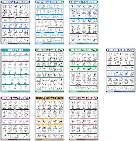 QuickFit 10 Pack - Exercise Workout Poster Set - Dumbbell Volume 1 & 2, Suspension, Kettlebell, Resistance Bands, Stretching, Bodyweight, Barbell, Yoga Poses, Exercise Ball (Laminated, 18" x 24")