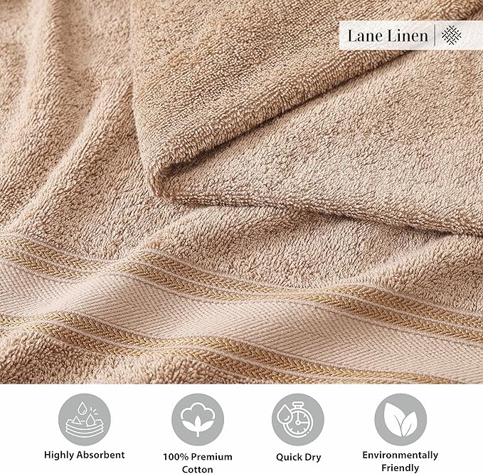 LANE LINEN 100% Cotton Bath Towels Set of 4 (30"x60") - Zero Twist, Cotton Bathroom Towel Sets - Quick Dry, Highly Soft & Absorbent Large Shower Towels for Bathroom - Sustainabaly Produced - Taupe