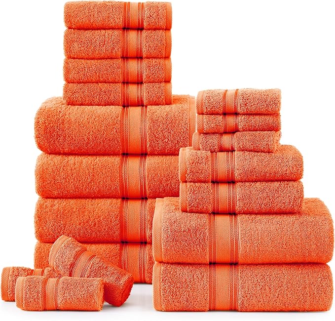 Lane Linen 100% Cotton Luxury Bath Towel Set - 18 Pieces - Zero Twist, Super Soft & Highly Absorbent - 6 Bath, 6 Washcloths, 6 Hand Towels for Bathroom - Minimal Lint & Fading, Pre Shrunk - Tiger Lily