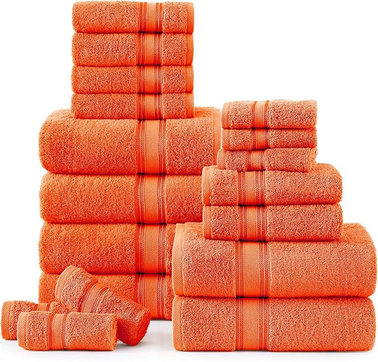 Lane Linen 100% Cotton Luxury Bath Towel Set - 18 Pieces - Zero Twist, Super Soft & Highly Absorbent - 6 Bath, 6 Washcloths, 6 Hand Towels for Bathroom - Minimal Lint & Fading, Pre Shrunk - Tiger Lily