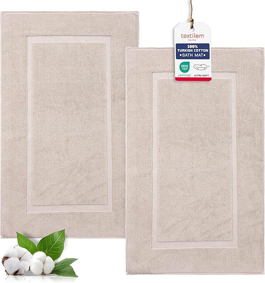 TEXTILOM Luxury 2 Pack Banded Cotton Bath Mats for Bathroom Floor [ Hotel, Spa, Tub, Shower Bath Mat Floor Towel Set ], Machine Washable & Soft & Absorbent & Quick Dry (20''x34'')- Beige
