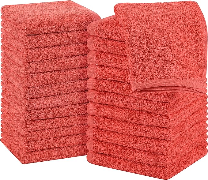 Utopia Towels 24 Pack Cotton Washcloths Set, 100% Ring Spun Cotton, Premium Quality Flannel Face Cloths, Highly Absorbent and Soft Feel Fingertip Towels, Coral