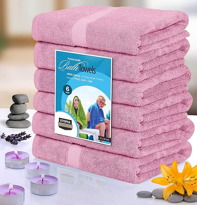 Utopia Towels 6 Pack Small Bath Towel Set, 22 by 44 Inches, 500 GSM 100% Ring Spun Cotton, Lightweight and Highly Absorbent Quick Drying Premium Towels for Hotel, Spa and Bathroom, Pink