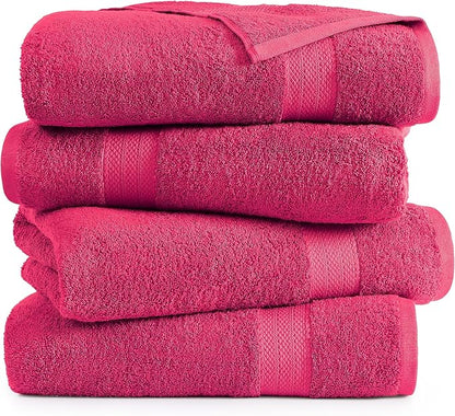 LANE LINEN 100% Cotton Large Bath Towels Set of 4 (28"x54") - Ring Spun Mercerized Cotton Bathroom Towel 4 Pack - Quick Dry, Soft & Absorbent Large Towels Set - Dorm Essentials for Girls - Fuchsia