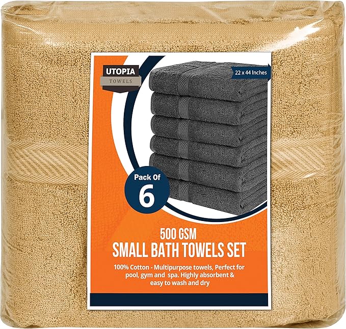 Utopia Towels 6 Pack Small Bath Towel Set, 22 by 44 Inches, 500 GSM 100% Ring Spun Cotton, Lightweight and Highly Absorbent Quick Drying Premium Towels for Hotel, Spa and Bathroom, Beige