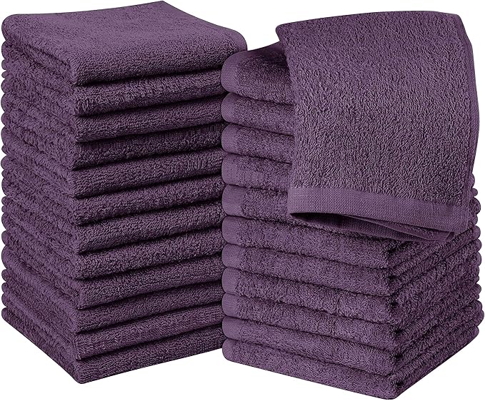 Utopia Towels 24 Pack Cotton Washcloths Set, 100% Ring Spun Cotton, Premium Quality Flannel Face Cloths, Highly Absorbent and Soft Feel Fingertip Towels, Plum
