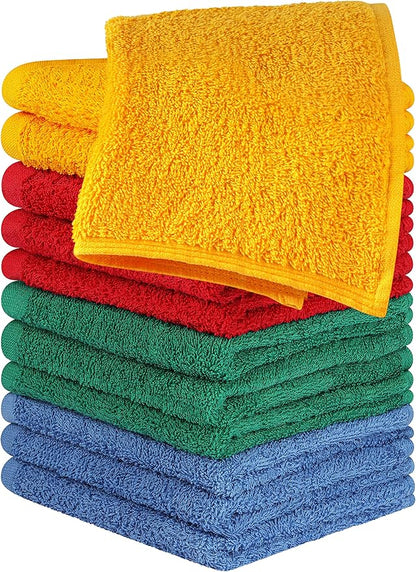 Utopia Towels 12 Pack Cotton Washcloths Set - 100% Ring Spun Cotton, Premium Quality Flannel Face Cloths, Highly Absorbent and Soft Feel Fingertip Towels (Electric Blue, Hunter Green, Red, Mustard)