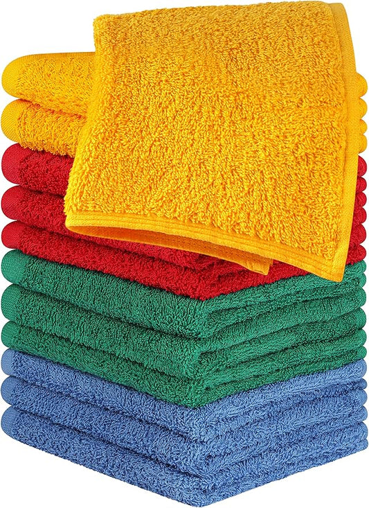 Utopia Towels 12 Pack Cotton Washcloths Set - 100% Ring Spun Cotton, Premium Quality Flannel Face Cloths, Highly Absorbent and Soft Feel Fingertip Towels (Electric Blue, Hunter Green, Red, Mustard)