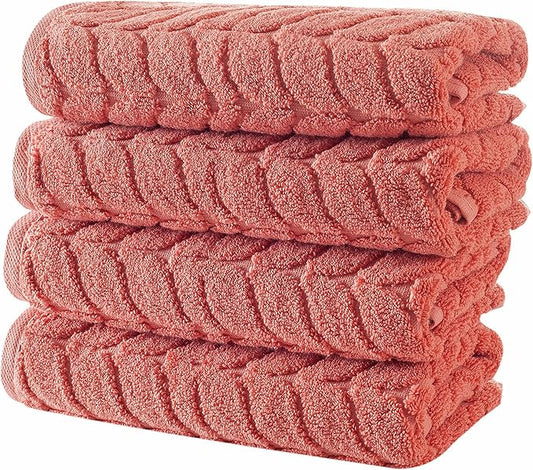 BAGNO MILANO Turkish Bath Towels, Soft Plush Jacquard Luxury Bath Towels, Quick Dry Towel Set (Coral Red, 4 Pcs Hand Towel Set)