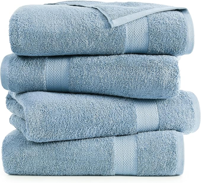 LANE LINEN 100% Cotton 4 Pack Bath Towels (28"x54") - Ring Spun Mercerized Cotton Bathroom Towels Set - Quick Dry, Soft & Absorbent Large Bath Towels - Machine Wash in Cold Water - Cerulean Blue