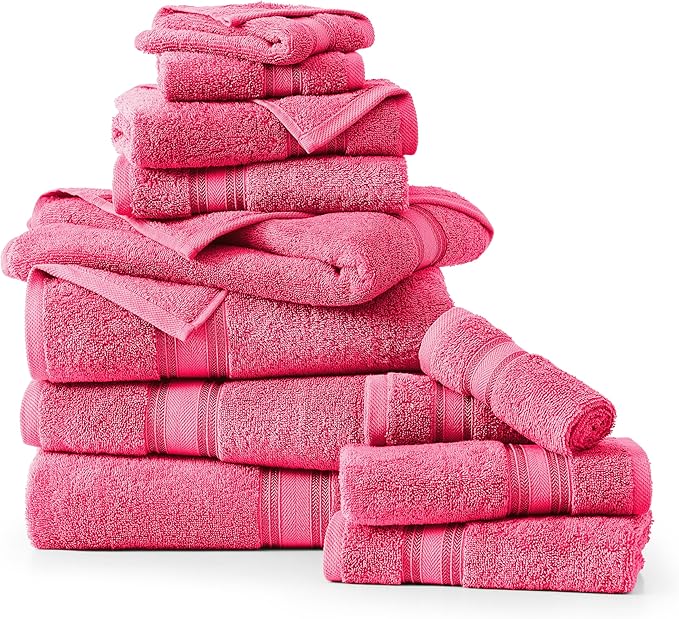 LANE LINEN Luxury Bath Towels Set - 12 Piece (4 Bath Towels, 4 Hand Towels, 4 Washcloths), 100% Cotton, Zero Twist, Super Soft & Extra Absorbent - Fuchsia
