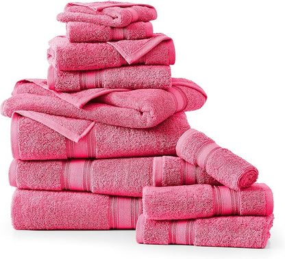 LANE LINEN Luxury Bath Towels Set - 12 Piece (4 Bath Towels, 4 Hand Towels, 4 Washcloths), 100% Cotton, Zero Twist, Super Soft & Extra Absorbent - Fuchsia