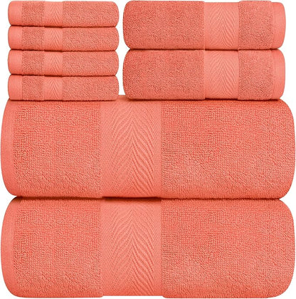 Oakias Premium Towel Set 600 GSM 8 Piece Sea Salt - 100% Ring Spun Cotton Highly Absorbent Towels Set - Super Soft Bathroom Towel Set - Hotel Quality Double Stitched Hem - Ideal for Hotels, Spa, Gyms
