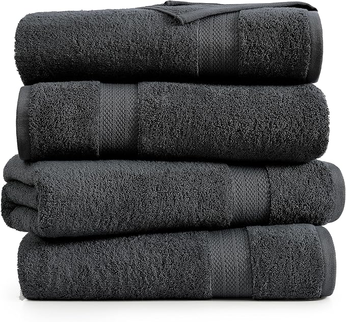 LANE LINEN 100% Cotton Bath Towels 4 Pack (28"x54") - Ring Spun Mercerized Cotton Large Towel Set for Bathroom - Quick Dry, Soft & Absorbent Large Bath Towel Set - Oeko Tex Certified - Black Towels