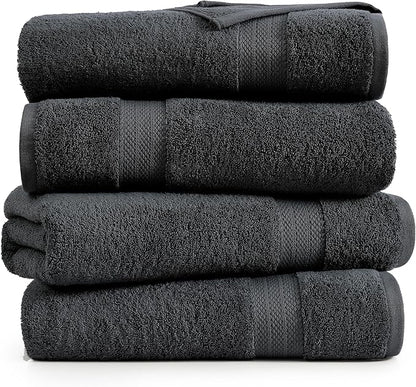 LANE LINEN 100% Cotton Bath Towels 4 Pack (28"x54") - Ring Spun Mercerized Cotton Large Towel Set for Bathroom - Quick Dry, Soft & Absorbent Large Bath Towel Set - Oeko Tex Certified - Black Towels