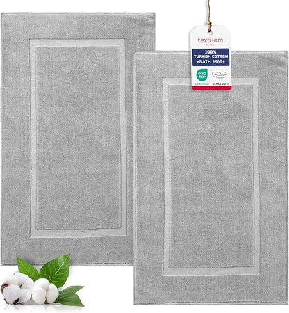 TEXTILOM Luxury 2 Pack Banded Cotton Bath Mats for Bathroom Floor [ Hotel, Spa, Tub, Shower Bath Mat Floor Towel Set ], Machine Washable & Soft & Absorbent & Quick Dry (20''x34'')- Grey