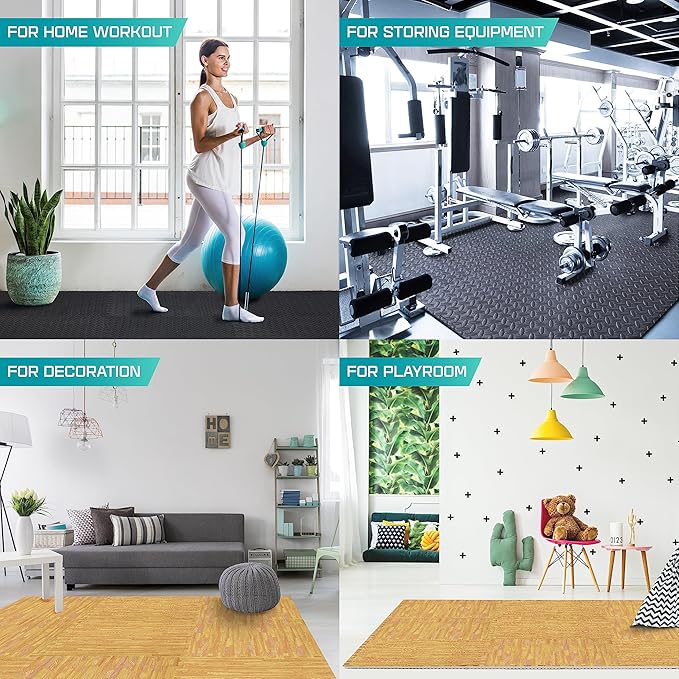 Yes4All 48SQ.FT Wood Grain Puzzle Exercise Mat Protective Flooring, EVA Interlocking Foam Floor Tiles with Border for Home