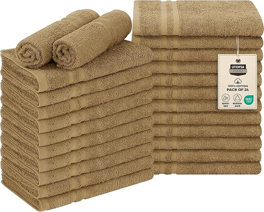 Utopia Towels Cotton Bleach Proof Salon Towel 16 by 27 inches, Bleach Safe Gym 100% Cotton Hand Towel, 24 Pack, Camel