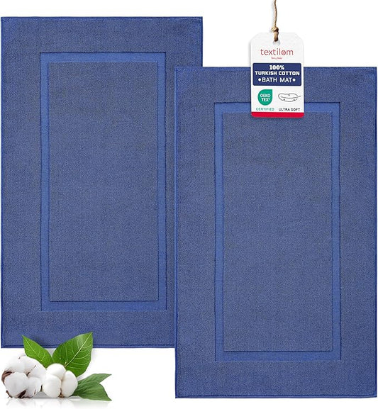 TEXTILOM Luxury 2 Pack Banded Cotton Bath Mats for Bathroom Floor [ Hotel, Spa, Tub, Shower Bath Mat Floor Towel Set ], Machine Washable & Soft & Absorbent & Quick Dry (20''x34'')- Navy