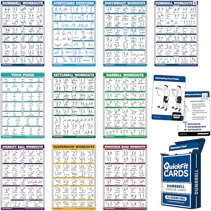 10 Pack: Exercise Workout Poster Set - Dumbbell Volume 1 & 2, Suspension, Kettlebell, Resistance Bands, Stretching, Bodyweight, Barbell, Yoga Poses + Dumbbell Exercise Cards