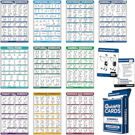 10 Pack: Exercise Workout Poster Set - Dumbbell Volume 1 & 2, Suspension, Kettlebell, Resistance Bands, Stretching, Bodyweight, Barbell, Yoga Poses + Dumbbell Exercise Cards