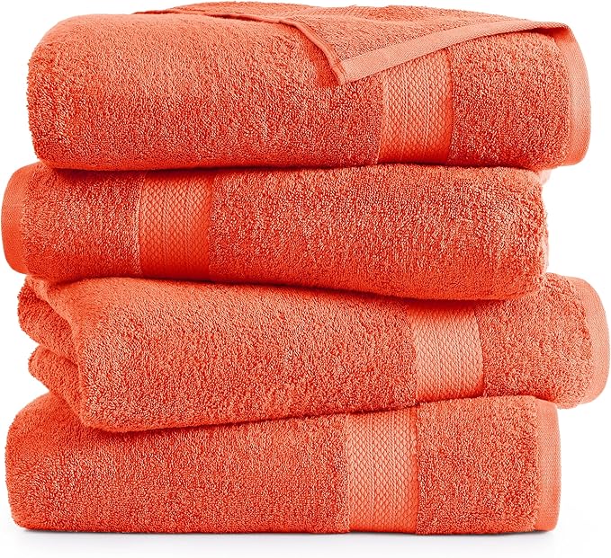 LANE LINEN 100% Cotton 4 Pack Bath Towels (28"x54") - Ring Spun Mercerized Cotton Towels Set for Bathroom - Quick Dry, Soft & Absorbent Large Bath Towel Set - Used for Salon, Spa & Hotel - Tiger Lily