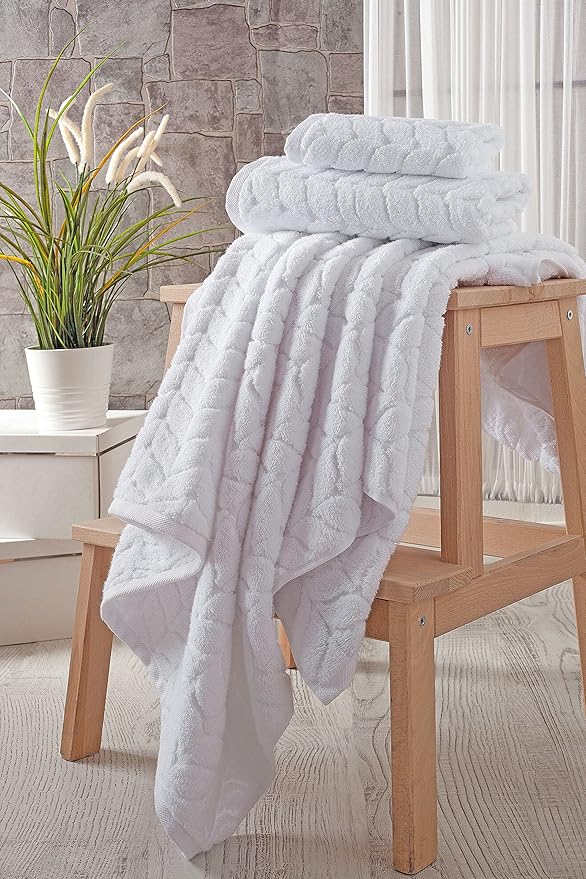 BAGNO MILANO Turkish Bath Towels, Soft Plush Jacquard Luxury Bath Towels, Quick Dry Towel Set (White, 3 pcs Towel Set)