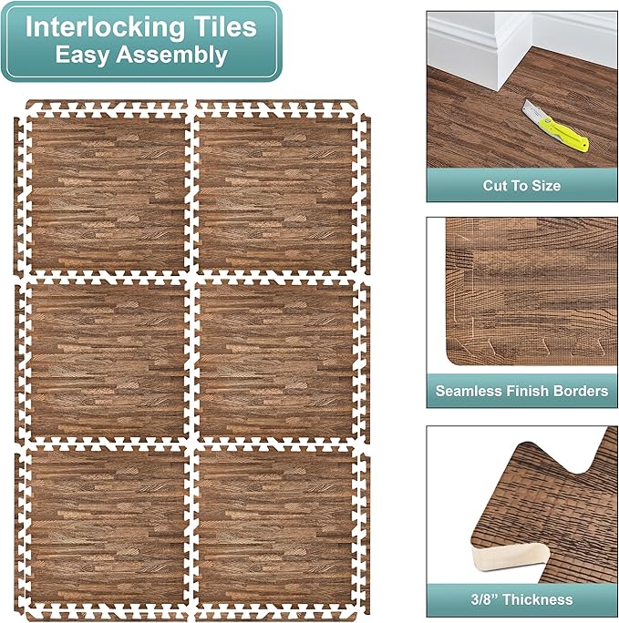 Sorbus Wood Grain Floor Tiles Foam Mat EVA Interlocking Mats Tile 3/8-Inch Thick Flooring Wood Puzzle Exercise Mats w/Borders - Home Playroom Basement, Apartment, Trade Show, Baby, Dance
