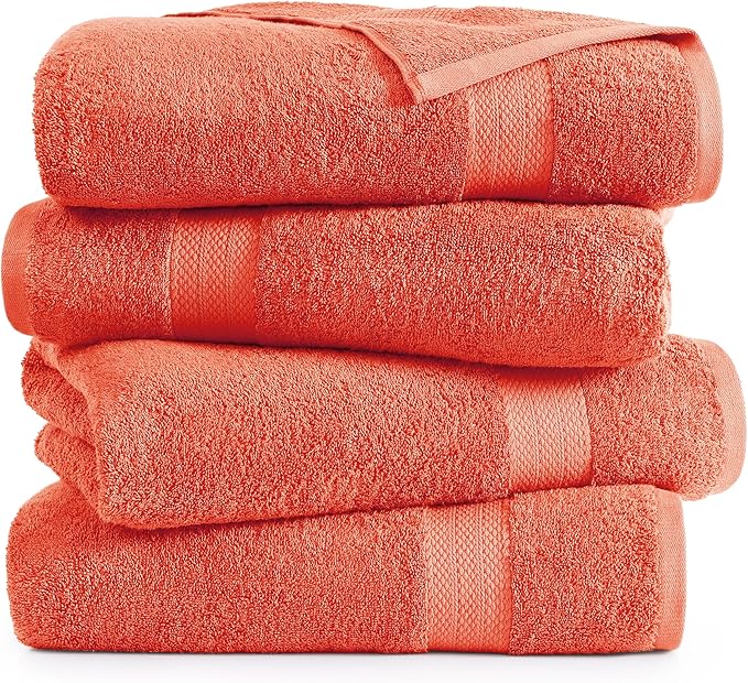 Lane Linen 100% Cotton 4 Pack Bath Sheets (35"x66") - Ring Spun Cotton - Extra Large Bath Towels Set - Quick Drying, Soft & Absorbent Oversized Bathroom Towel Sets - Spa & Hotel Quality - Living Coral