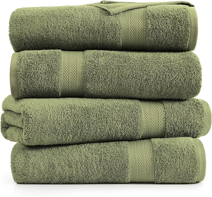 Lane Linen 100% Cotton 4 Pack Bath Towels (28"x54") - Ring Spun Mercerized Cotton Bathroom Towels Set - Quick Dry, Highly Soft & Absorbent Large Bath Towels - Tumble Dry Regains Fluffiness - Oil Green