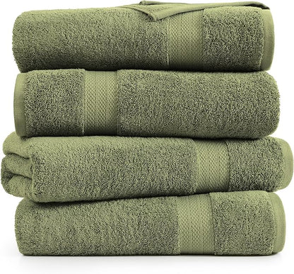 Lane Linen 100% Cotton 4 Pack Bath Towels (28"x54") - Ring Spun Mercerized Cotton Bathroom Towels Set - Quick Dry, Highly Soft & Absorbent Large Bath Towels - Tumble Dry Regains Fluffiness - Oil Green