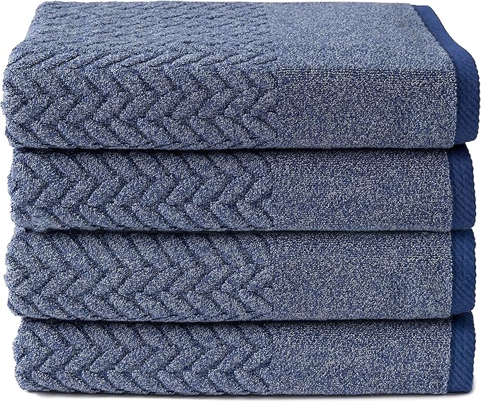 Texere 100% Organic Cotton Jacquard 650 GSM Premium Bath Towel Sets - Extra Absorbent Quick Dry and Plush (Cable, Estate Blue, 4 Bath Towels)
