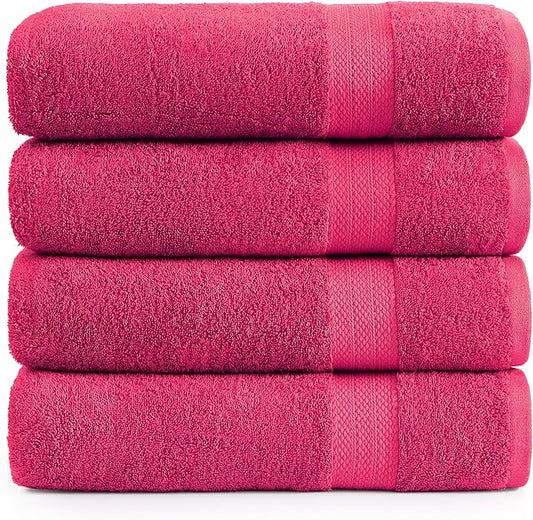 LANE LINEN 100% Cotton Large Bath Towels Set of 4 (28"x54") - Ring Spun Mercerized Cotton Bathroom Towel 4 Pack - Quick Dry, Soft & Absorbent Large Towels Set - Dorm Essentials for Girls - Fuchsia