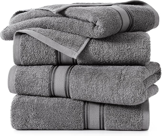LANE LINEN 100% Cotton 4 Pack Bath Towels Set (30"x60") - Zero Twist, Large Cotton Towels for Bathroom - Quick Dry, Soft & Absorbent Bath Towel Set - Remains Soft After Multiple Washes - Cool Grey