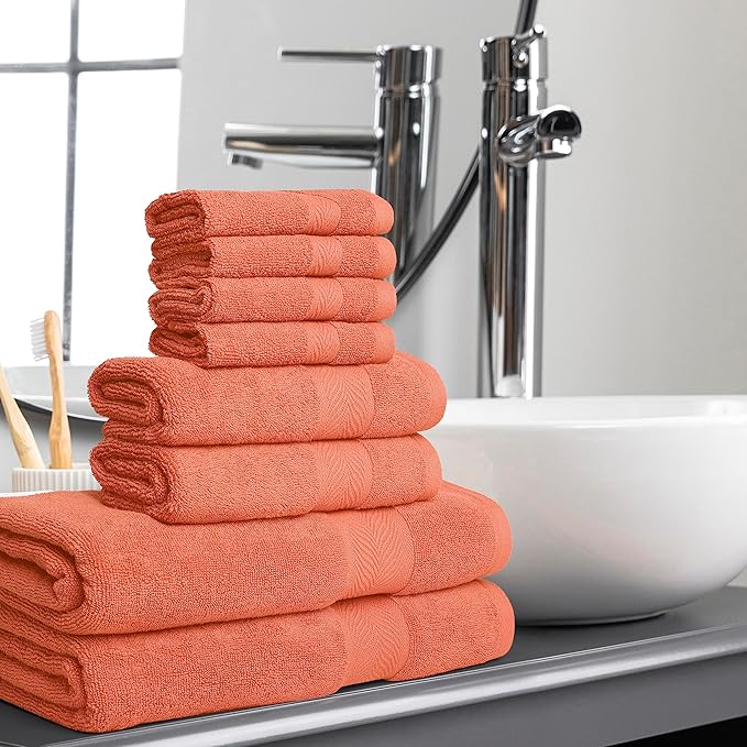 Oakias Premium Towel Set 600 GSM 8 Piece Sea Salt - 100% Ring Spun Cotton Highly Absorbent Towels Set - Super Soft Bathroom Towel Set - Hotel Quality Double Stitched Hem - Ideal for Hotels, Spa, Gyms