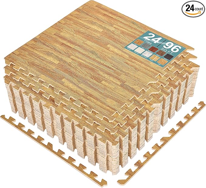 Sorbus Wood Grain Floor Tiles Foam Mat EVA Interlocking Mats Tile 3/8-Inch Thick Flooring Wood Puzzle Exercise Mats w/Borders - Home Playroom Basement, Apartment, Trade Show, Baby, Dance