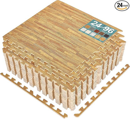 Sorbus Wood Grain Floor Tiles Foam Mat EVA Interlocking Mats Tile 3/8-Inch Thick Flooring Wood Puzzle Exercise Mats w/Borders - Home Playroom Basement, Apartment, Trade Show, Baby, Dance