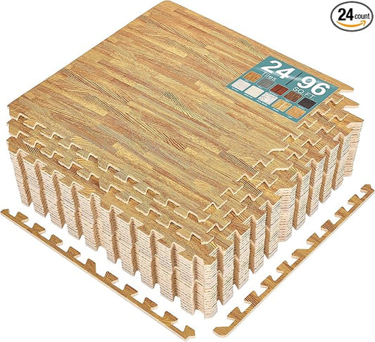 Sorbus Wood Grain Floor Tiles Foam Mat EVA Interlocking Mats Tile 3/8-Inch Thick Flooring Wood Puzzle Exercise Mats w/Borders - Home Playroom Basement, Apartment, Trade Show, Baby, Dance