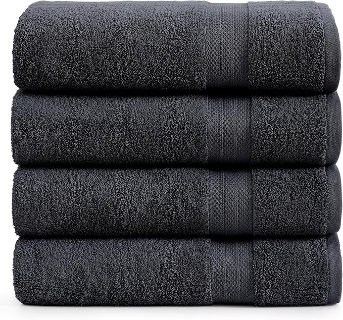 LANE LINEN 100% Cotton Bath Towels 4 Pack (28"x54") - Ring Spun Mercerized Cotton Large Towel Set for Bathroom - Quick Dry, Soft & Absorbent Large Bath Towel Set - Oeko Tex Certified - Black Towels